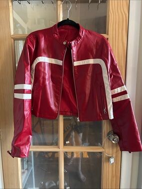 Red Women's Faux Leather Racing Jacket - Stylish Motorbike Style